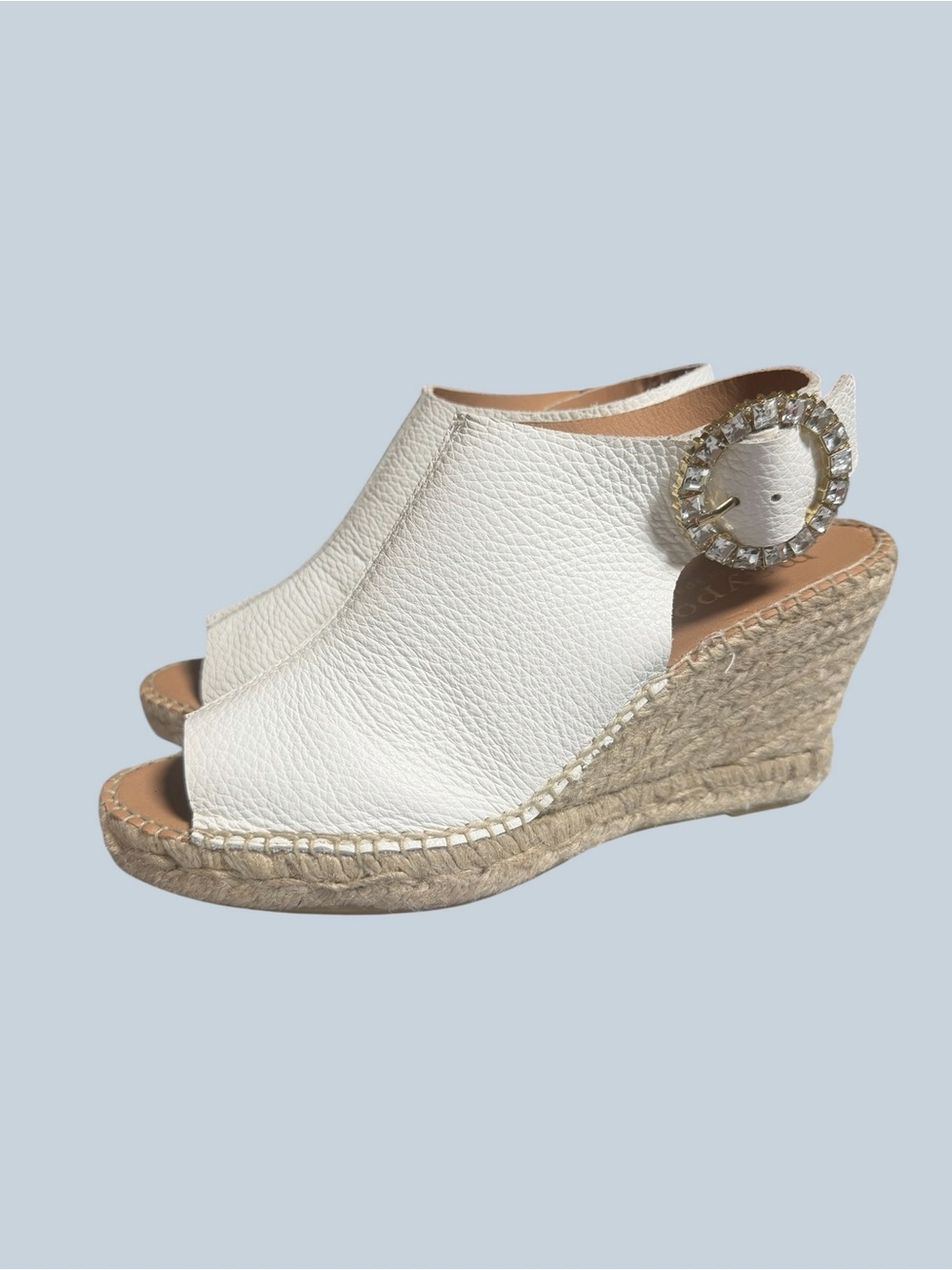 Maypol Made in Spain White Espadrille Wedge Sandals with Rhinestone Buckle